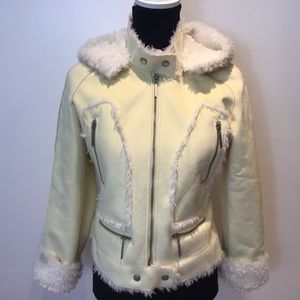 BEBE BUTTER YELLOW VEGAN SUEDE SHEARLING MOTO JACKET DETACHABLE HOOD SZ MED